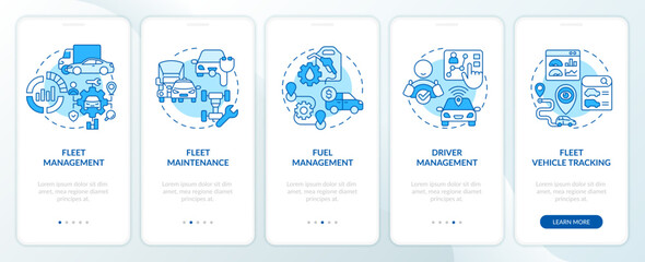 Fototapeta na wymiar Car fleet management blue onboarding mobile app screen. Walkthrough 5 steps editable graphic instructions with linear concepts. UI, UX, GUI template. Myriad Pro-Bold, Regular fonts used