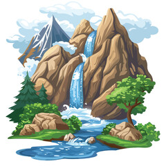 A serene mountain landscape with a waterfall. clipart