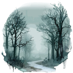 A spooky forest with mysterious fog. clipart 