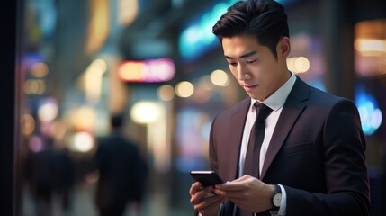 A man in a suit is looking at his phone