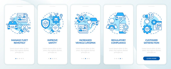 Vehicle inspections blue onboarding mobile app screen. Walkthrough 5 steps editable graphic instructions with linear concepts. UI, UX, GUI template. Myriad Pro-Bold, Regular fonts used