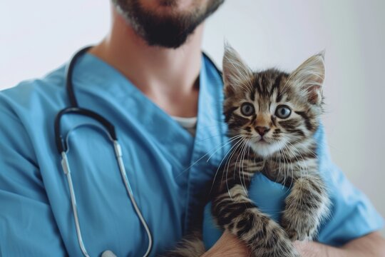 copped image of a male veterinarian doctor holding a kitten cat in his arms