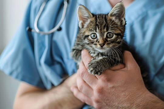 copped image of a male veterinarian doctor holding a kitten cat in his arms