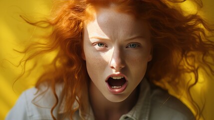 A woman with red hair and a yellow jacket is looking surprised