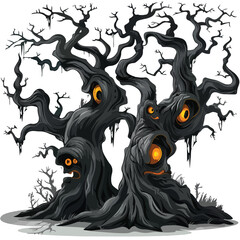 A spooky forest with twisted trees and glowing eyes.