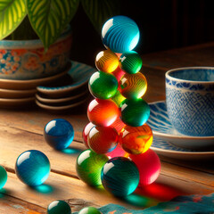 A stack of colorful glass, spheres sitting on top of each other