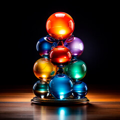 A stack of colorful glass, spheres sitting on top of each other