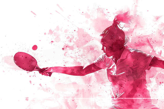 Pink watercolor painting of table tennis player in action on match