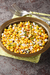 Homemade Mexican Street Corn Esquites Salad with jalapeno, cilantro, Cotija cheese, onion and spices seasoned with sour cream close-up on the plate on the table. Vertical