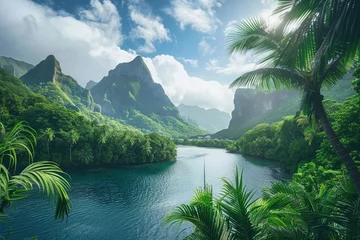 Fotobehang A breathtaking panoramic view of a lush tropical island landscape © Creative_Bringer