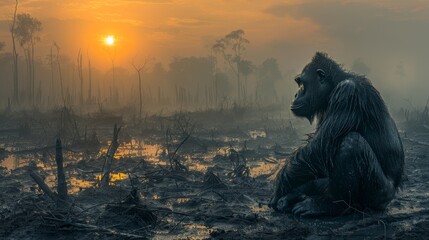 Solitary chimpanzee sitting in the aftermath of a devastating forest fire. - obrazy, fototapety, plakaty