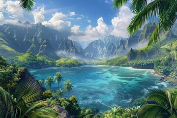 A breathtaking panoramic view of a lush tropical island landscape - obrazy, fototapety, plakaty