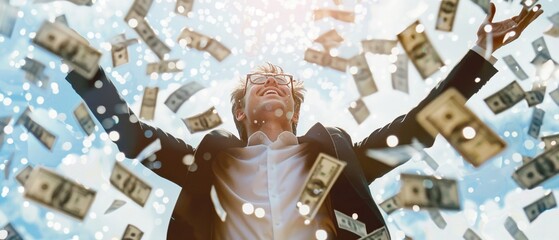 A Euphoric businessman celebrating financial success as he is showered with money. - obrazy, fototapety, plakaty