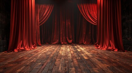 Red curtain opens on empty theater stage with wooden plank floor, 3d rendering. generative AI image