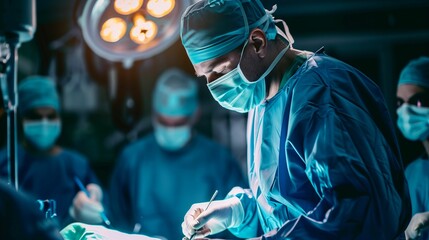 A surgeon performing a delicate operation in a well-lit operating room. - obrazy, fototapety, plakaty