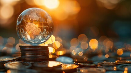 A glass globe rests on stacks of coins against a warm bokeh light background - obrazy, fototapety, plakaty