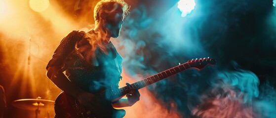 A guitarist immersed in his music under the spotlight on stage