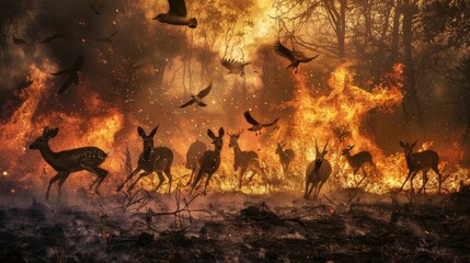 Various wild animals escaping a catastrophic forest fire under a smoky sky. ecological disaster