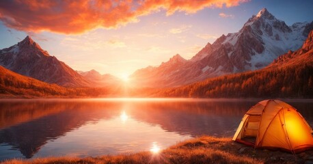 As the sun sets, the sky ignites with fiery hues above a peaceful campsite nestled by a calm lake, with mountains standing guard. A lone tent illuminated from within offers a haven amidst the wild - obrazy, fototapety, plakaty