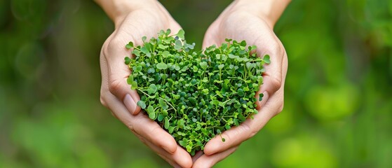 A Hands cradling a heart-shaped growth of green sprouts