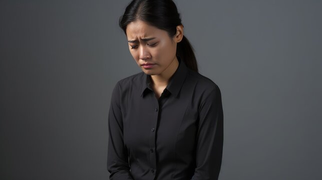 A woman in a business suit is looking down with a frown on her face