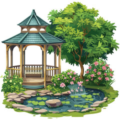 A tranquil garden with a gazebo. clipart