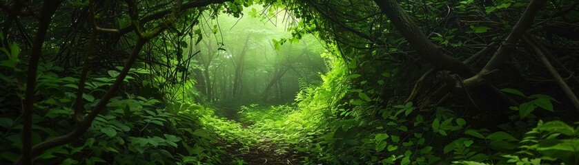 A Mystical green tunnel through dense forest foliage