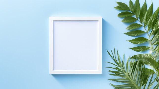 A white framed picture sits on a shelf next to a vase and a plant