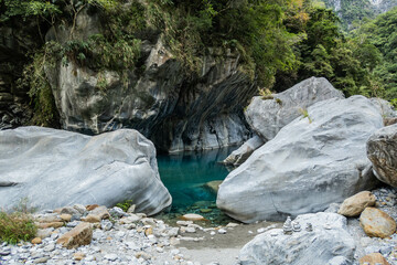 The turquoise color of the Liwu River running through Taroko Gorge, Taroko National Park, Taiwan