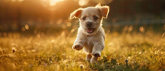 A playful puppy runs joyfully through a sunlit meadow
