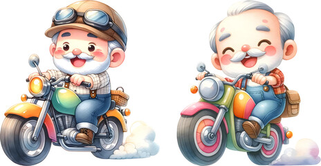 Grandpa riding motocycle, watercolor illustration.