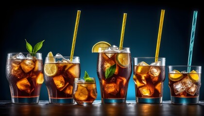 Iced tea glasses of different shapes lined up - obrazy, fototapety, plakaty