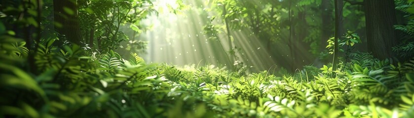 A Serene green forest scene with sunlight filtering through fresh foliage