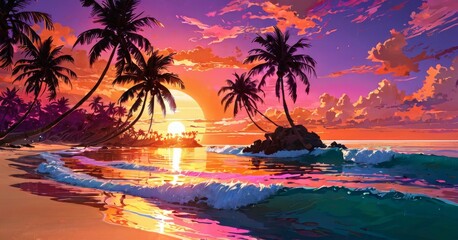 Fototapeta na wymiar A stunning digital representation of an idyllic sunset over a small ocean isle, framed by lush palms. The scene is bathed in a spectrum of sunset colors, reflecting on the waves. AI generation