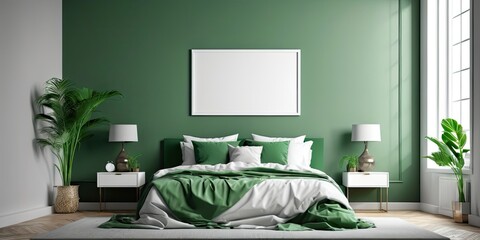 Green bedroom interior space with mock up poster on wall background. Interior of a bedroom. 3d render