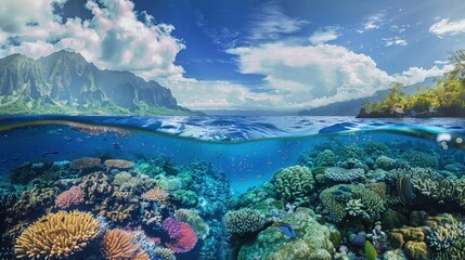 A split view of a vibrant coral reef ecosystem both above and underwater