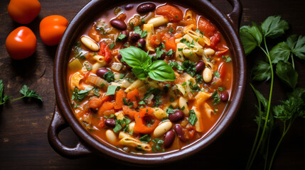 A comforting bowl of hearty minestrone soup packed wit - obrazy, fototapety, plakaty