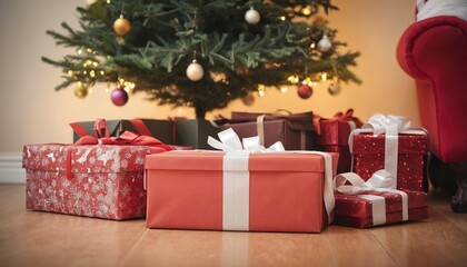 Fototapeta na wymiar Christmas gift boxes under Christmas tree