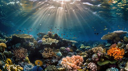Naklejka na ściany i meble A sunlit vibrant coral reef teeming with marine life