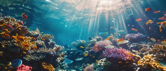 Fototapeta na wymiar A sunlit vibrant coral reef teeming with marine life