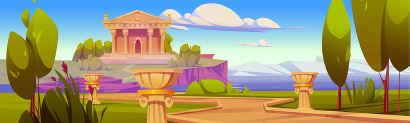 Ancient Greek pantheon building with columns and stairs, walk path and green grass and tree on sunny summer day under clouds on blue sky. Roman temple building. Antique civilization or mythology scene - obrazy, fototapety, plakaty
