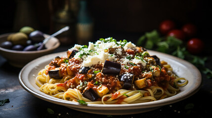 A comforting bowl of pasta alla norma with spaghettoi - obrazy, fototapety, plakaty