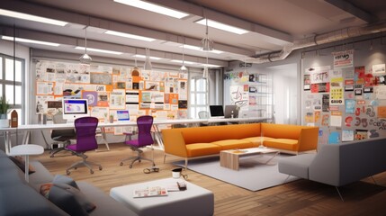 A large open office space with a couch and two chairs
