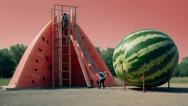 Children playing on playground equipment shaped like giant watermelon and strawberry, colorful and imaginative playground.
