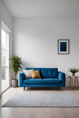 Fototapeta premium A pastel dark mat blue color sofa against white wall with white ceiling. Scandinavian loft home interior design of modern living room in minimalist studio apartment, near the window