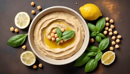 Hummus with olive oil and ground cumin in ceramic bowl served with lemons, basil and chickpeas over brown texture background