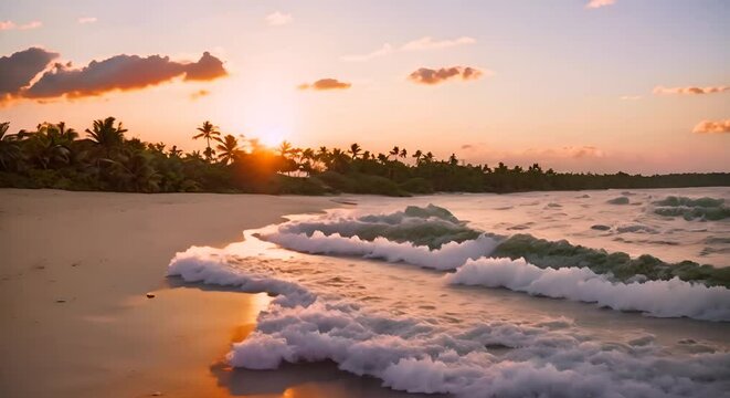 Tramonto sulla spiaggia , le onde sembrano schiuma 