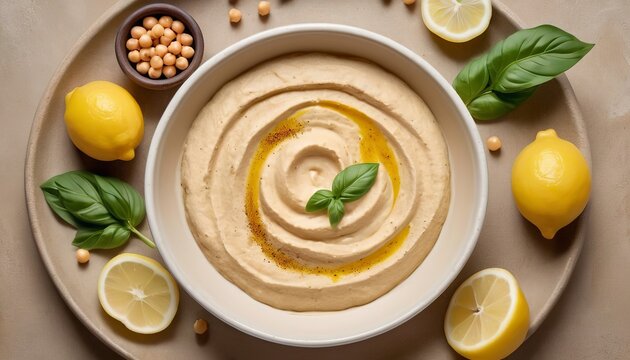 Hummus with olive oil and ground cumin in ceramic bowl served with lemons, basil and chickpeas over brown texture background