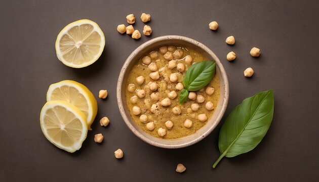 Hummus with olive oil and ground cumin in ceramic bowl served with lemons, basil and chickpeas over brown texture background