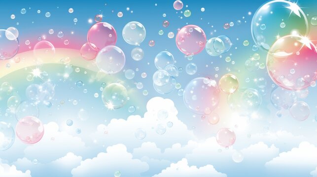Beautiful abstract rainbow soap bubbles floating on gradient blue background for design and artwork